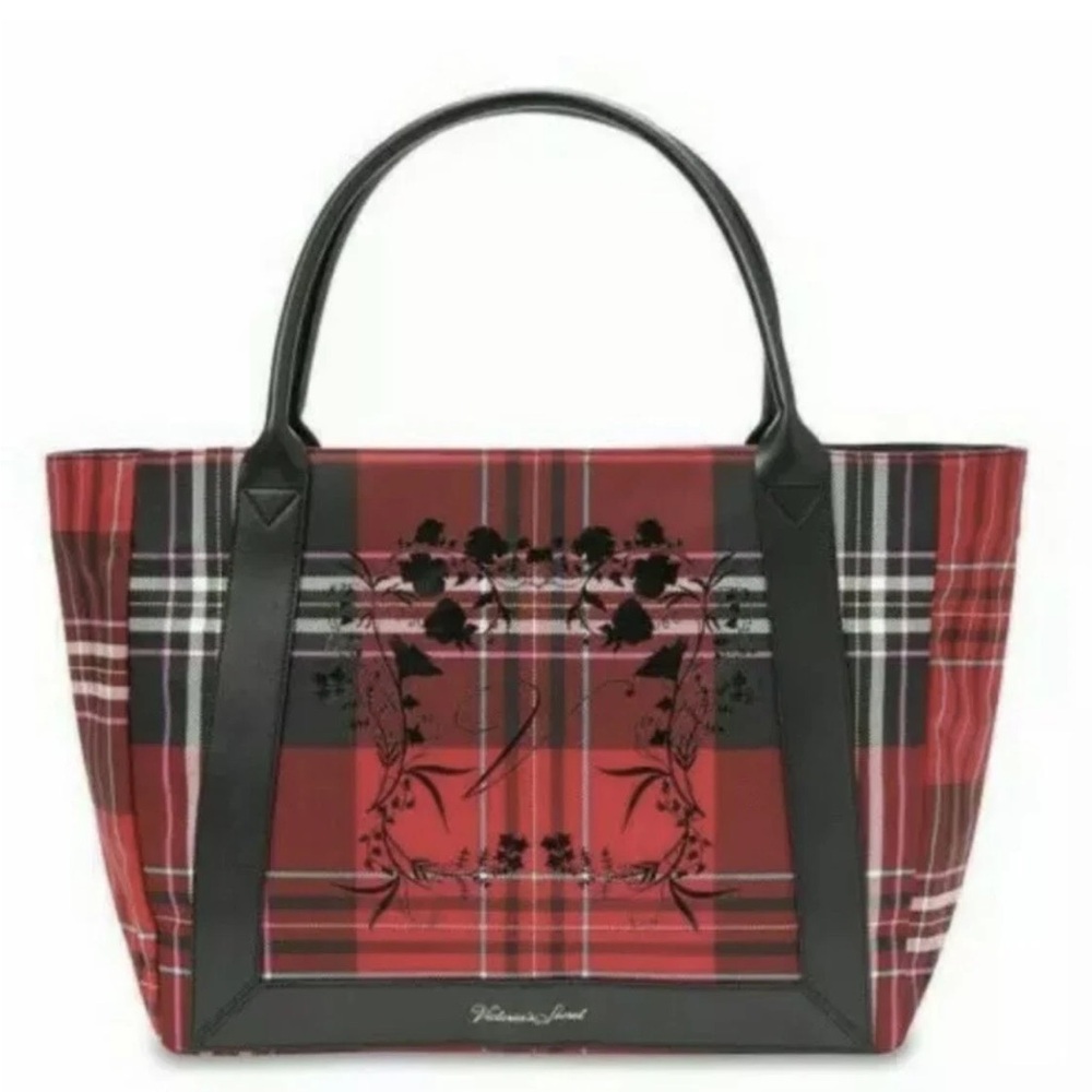 Elegant Red Plaid Tote with Black Trim